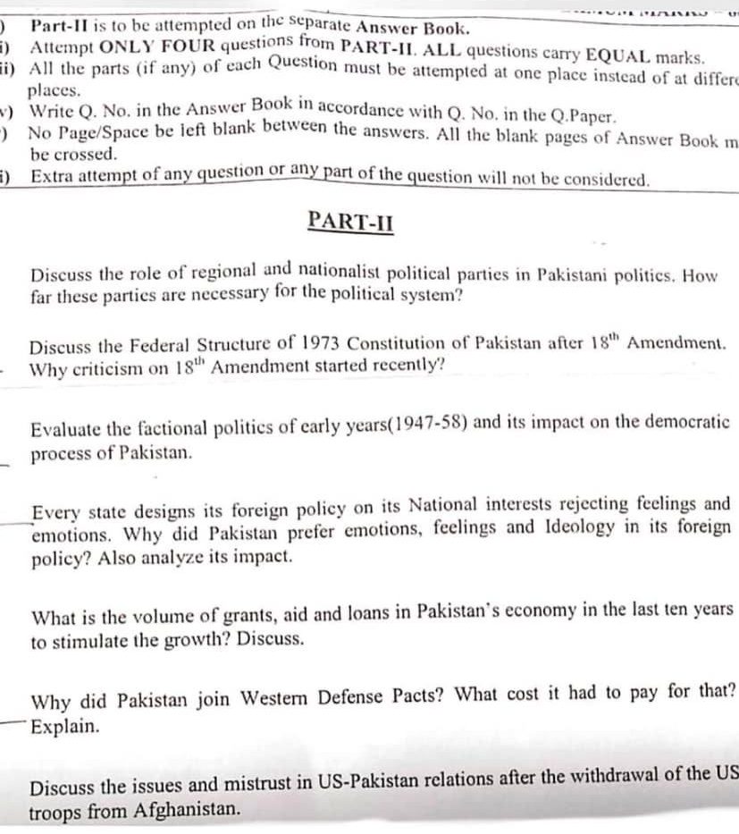 CSS Pakistan Affairs Paper 2022