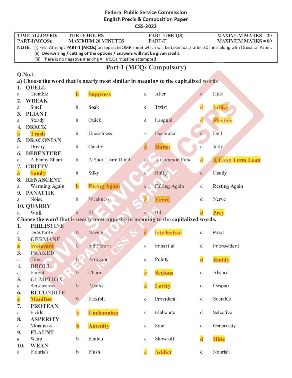 CSS English Precis 2022 Solved Paper CSS MCQs